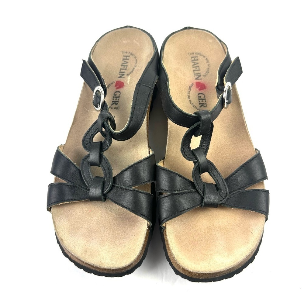 Haflinger Sandals 36 Black Leather Strappy Shoes Womens Cork Wedge